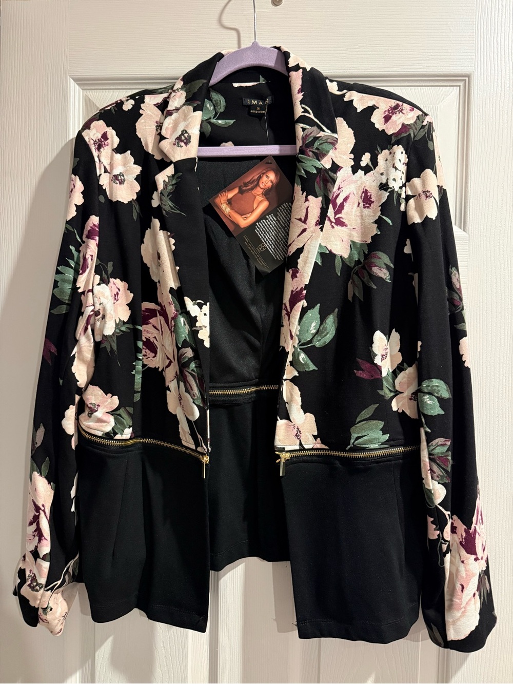 IMAN Black Floral Open-Front Blazer with Pink & Green Blooms